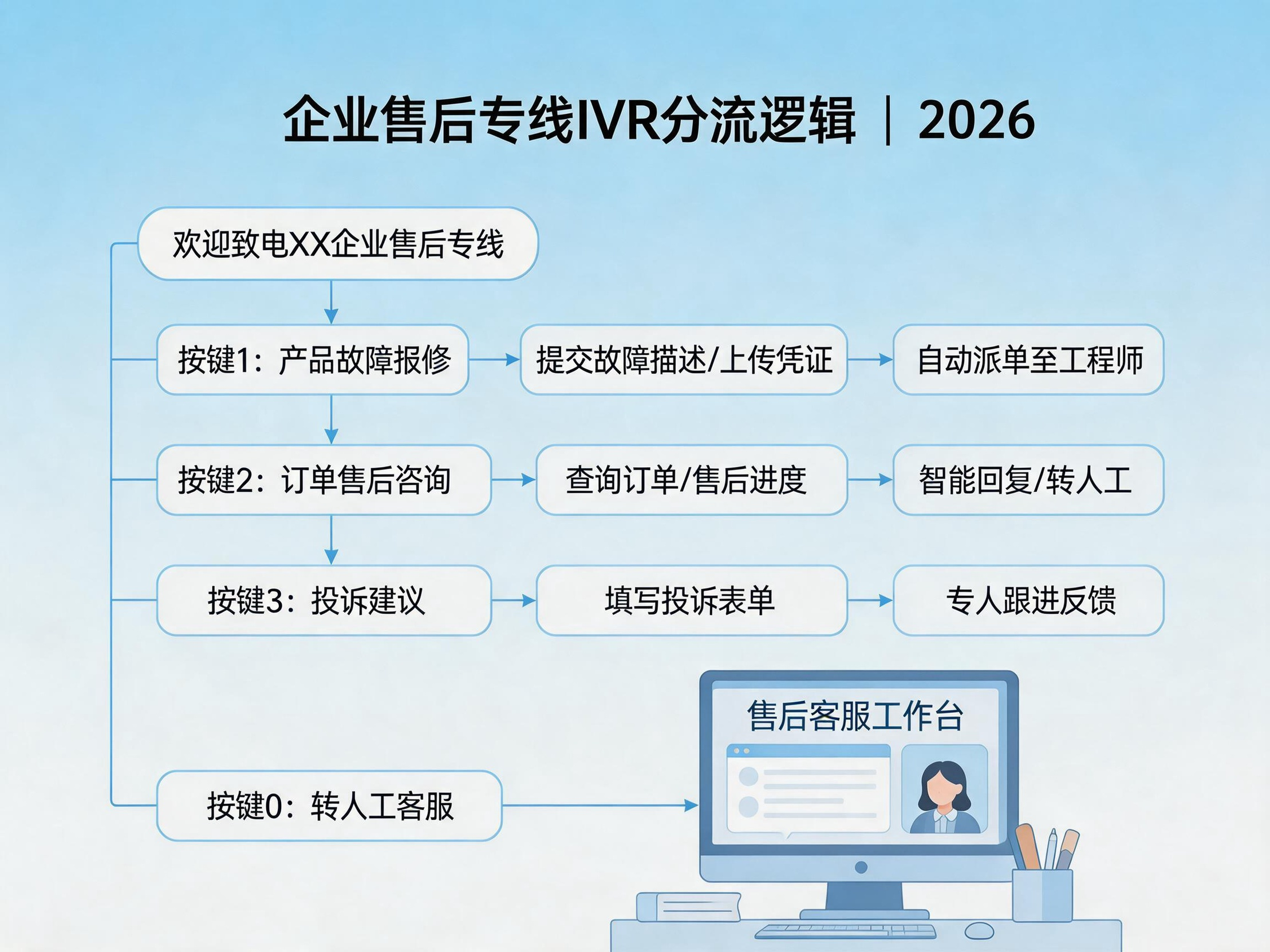2026年企业售后400专线搭建 IVR分流逻辑示意图