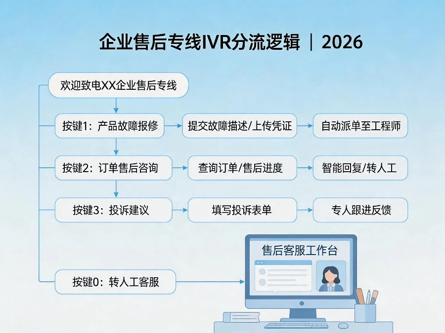 2026年企业售后400专线搭建 IVR分流逻辑示意图