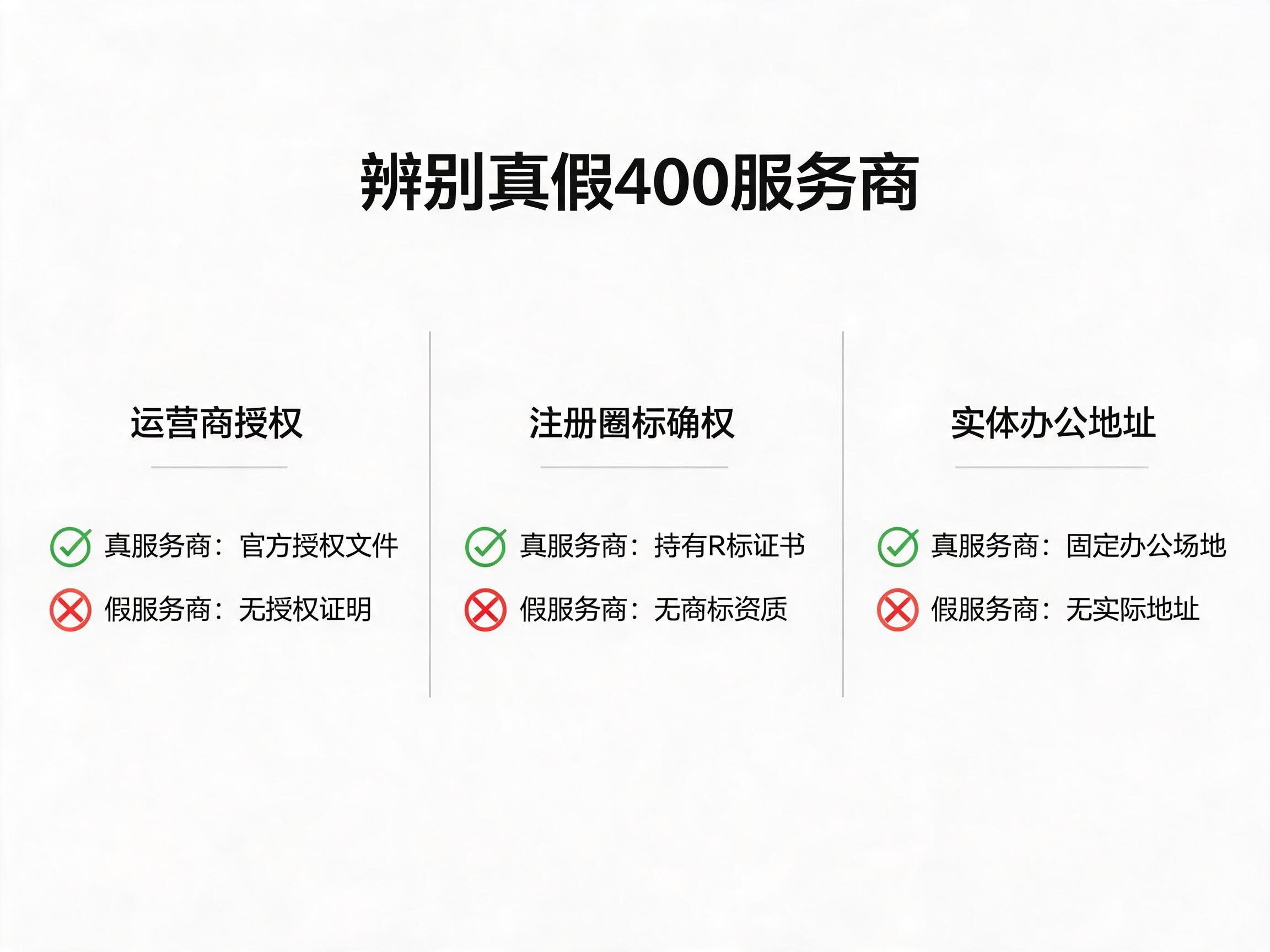 辨别真假400服务商三点对比图：运营商授权、注册商标、实体地址