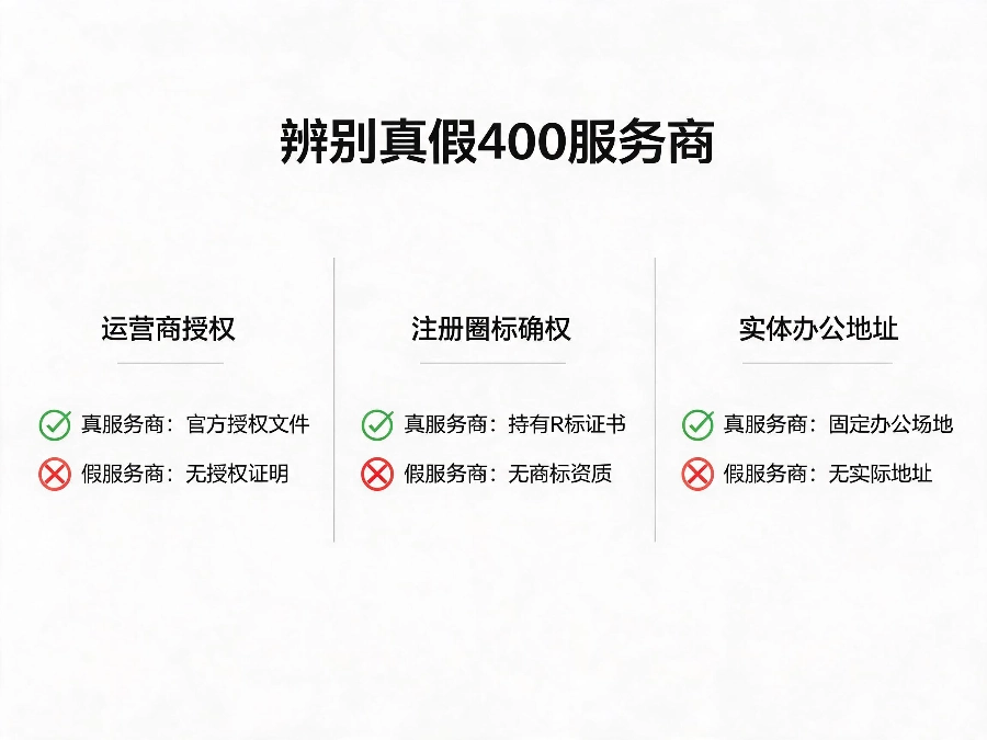 辨别真假400服务商三点对比图：运营商授权、注册商标、实体地址